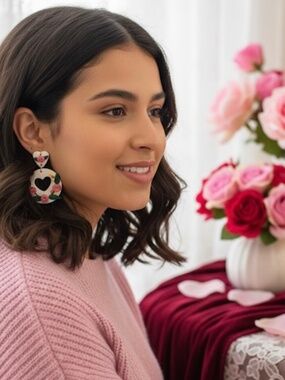 Romantic Pink Rose Floral Wreath Polymer Clay Dangle Earrings